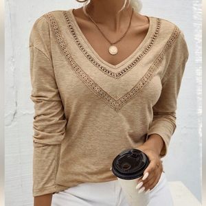 SHEIN Tan Long Sleeve Top with Lace Detail